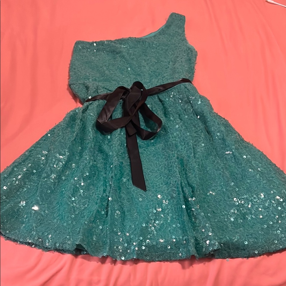 Elegant Teal  Dress with Black Bow